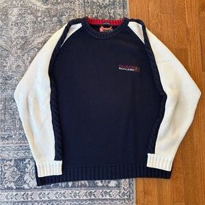 Vintage Chaps Ralph Lauren Sweater Navy Cream Cotton Knit RL 90s Prep Nautical L